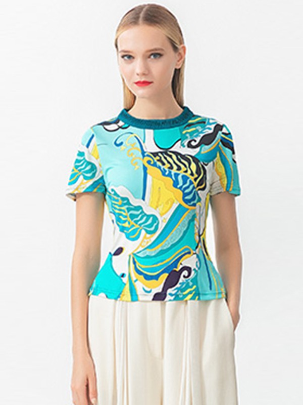 维欧艾女装2022春夏季蓝色T恤