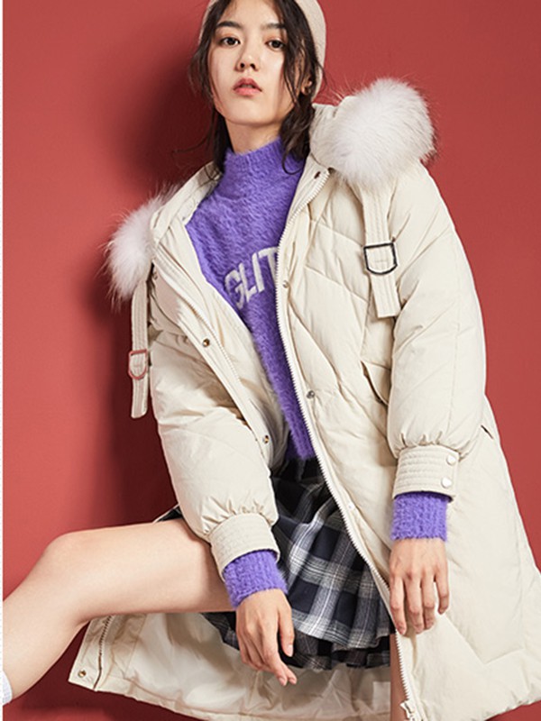 鸭鸭羽绒服2022秋冬季米色派克服