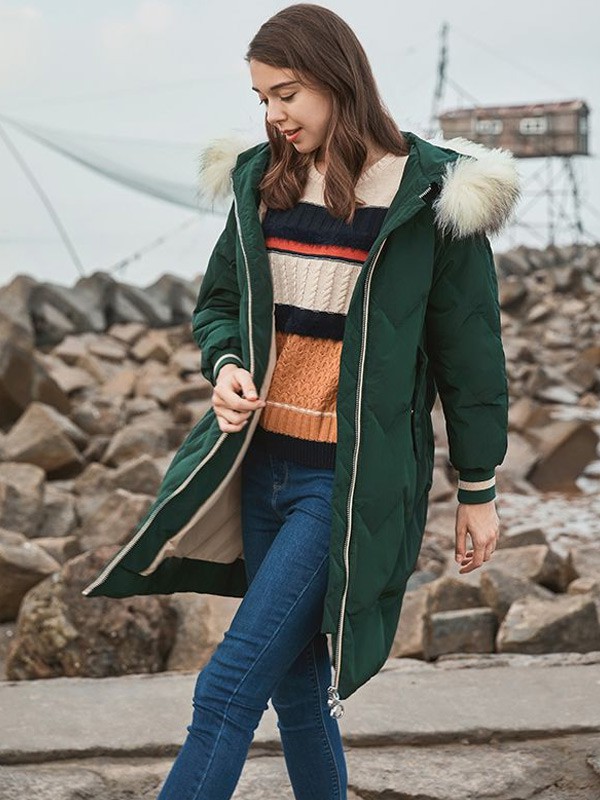 鸭鸭羽绒服2022秋冬季墨绿色派克服