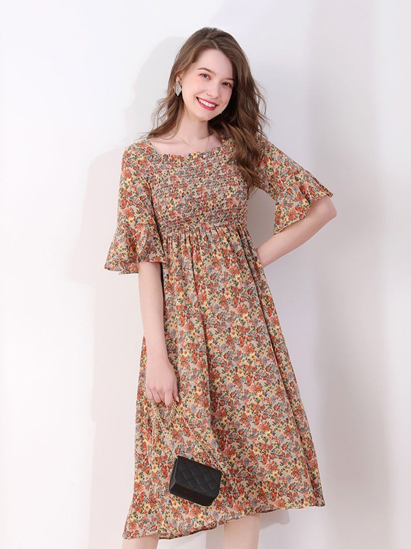 上东轻奢女装2022春夏季棕色连衣裙