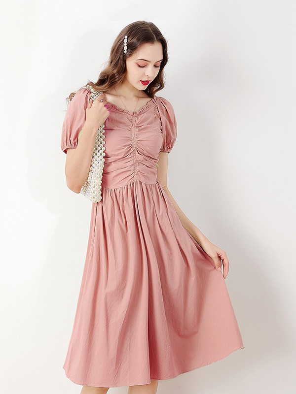 上东轻奢女装2022春夏季粉色连衣裙