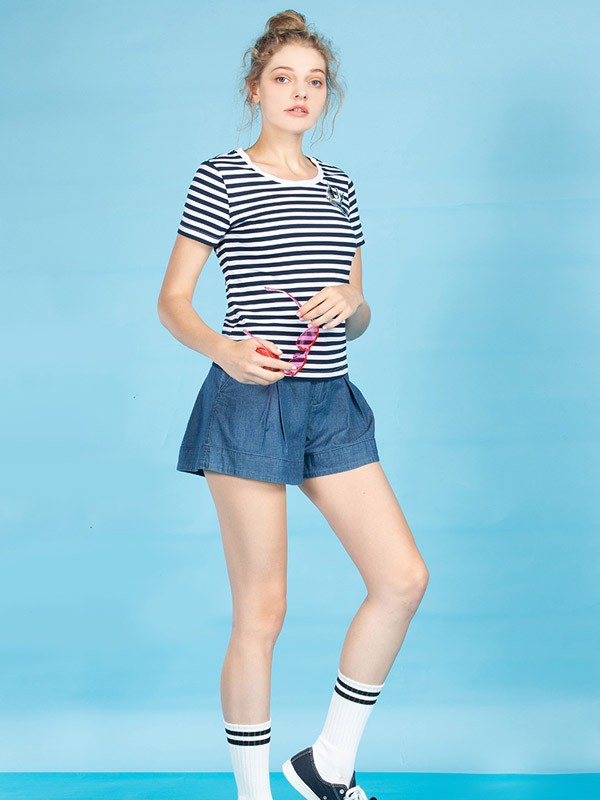 自然元素女装2022春夏季蓝色短裤