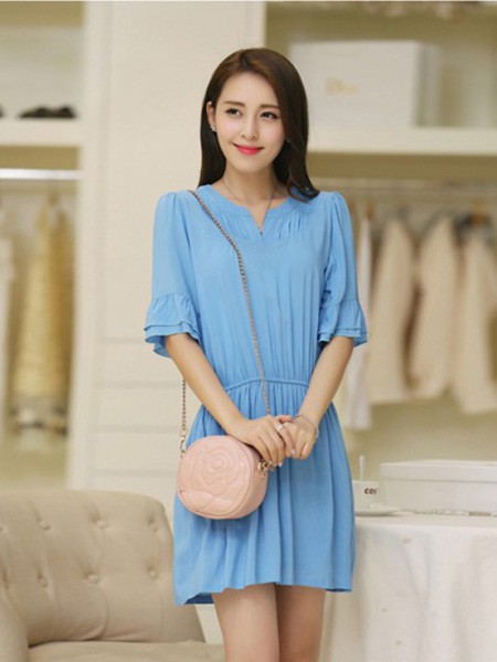 蔓缇蜜丝女装2022春夏季蓝色连衣裙