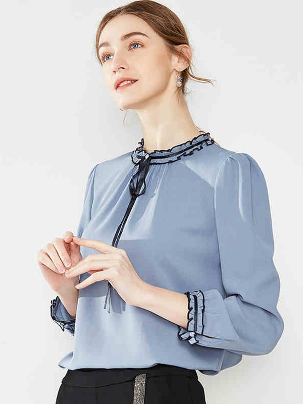 梦燕2022秋冬季蓝色雪纺衫