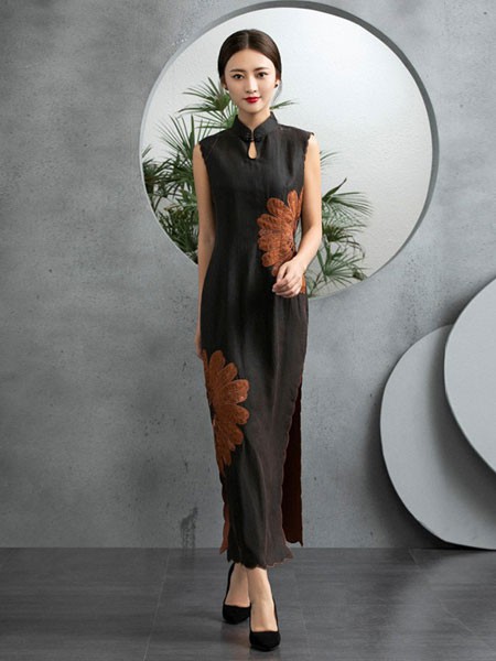 香云莎女装2022春夏季黑色旗袍