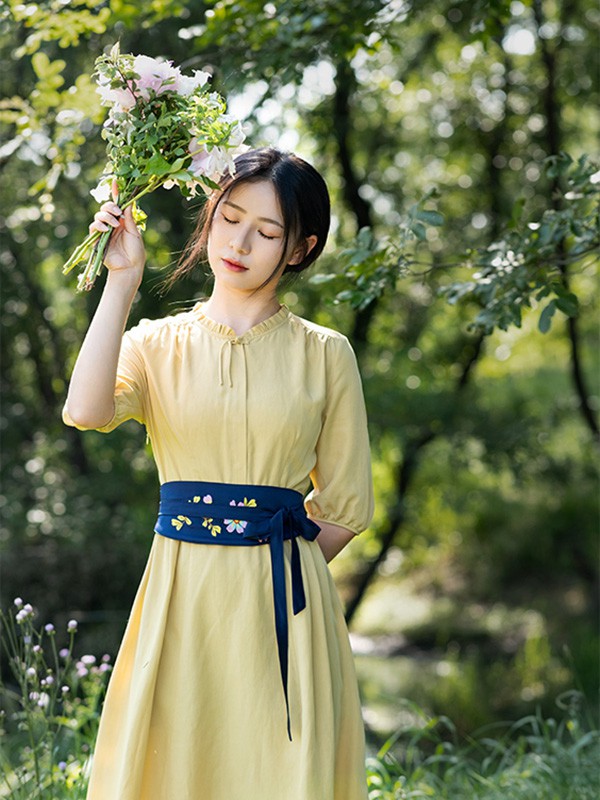 素订女装2022春夏季黄色长裙