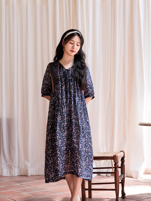 素订女装2022春夏季藏蓝色长裙