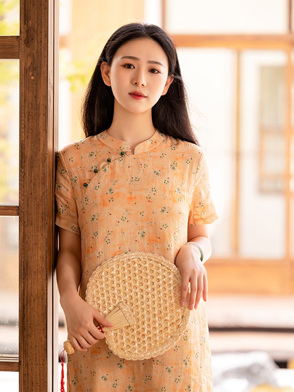 素订女装2022春夏季橙色长裙