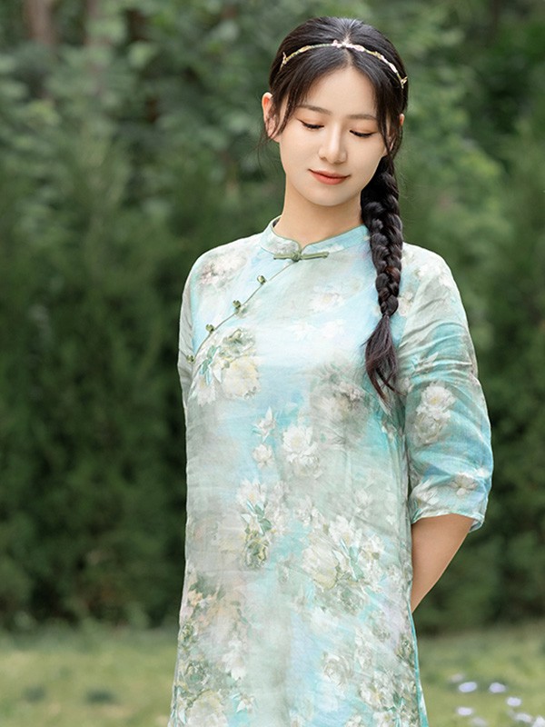 素订女装2022春夏季浅蓝色连衣裙