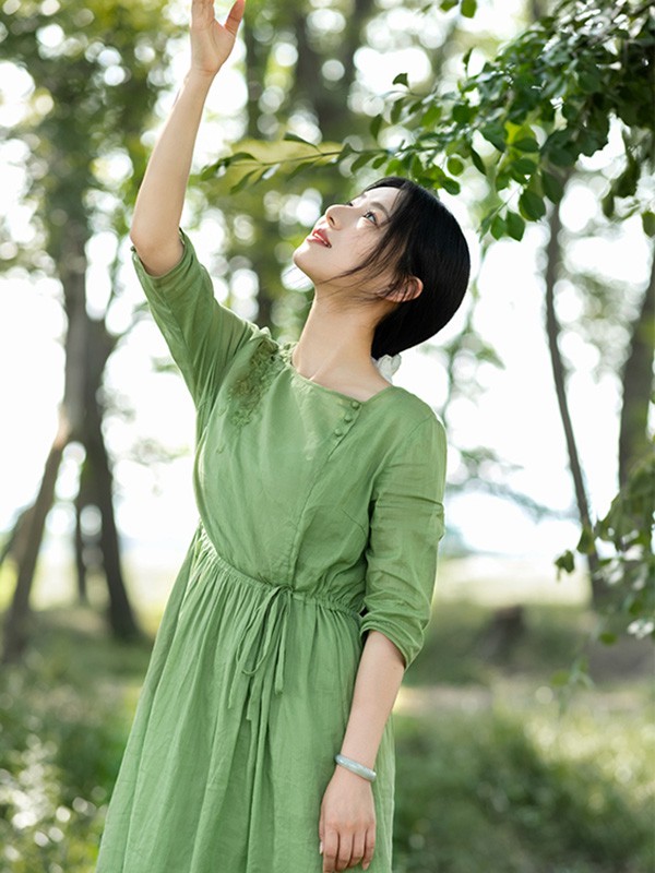 素订女装2022春夏季绿色长裙