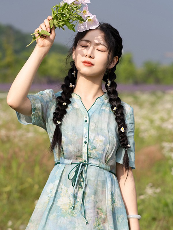 素订女装2022春夏季浅蓝色长裙