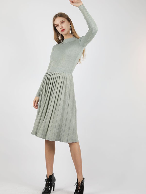 莎斯莱思女装2022秋冬季绿色连衣裙