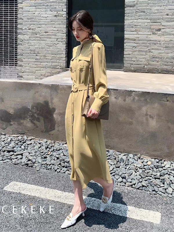 茜可可女装2022秋冬季黄色连衣裙