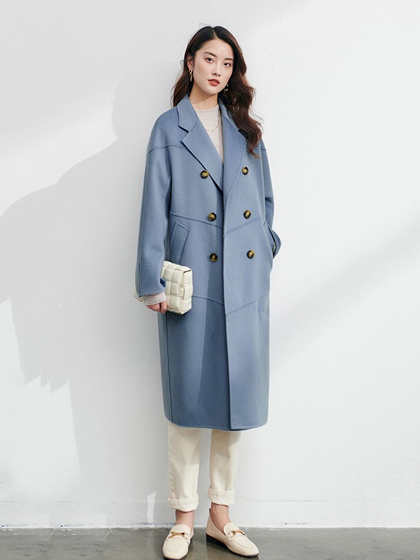 初棉女装2022秋冬季蓝色大衣