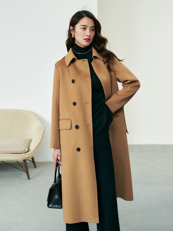 初棉女装2022秋冬季卡其色大衣