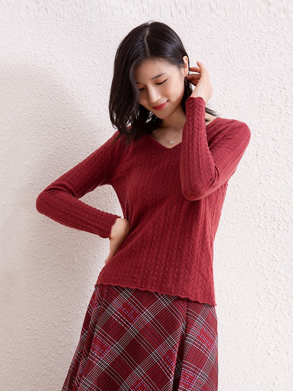 阿菁娜女装2022秋冬季红色针织衫