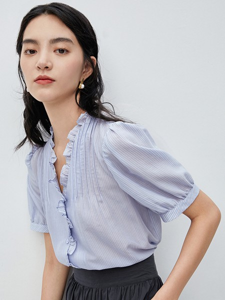 伊芙丽女装2022春夏季蓝色衬衫