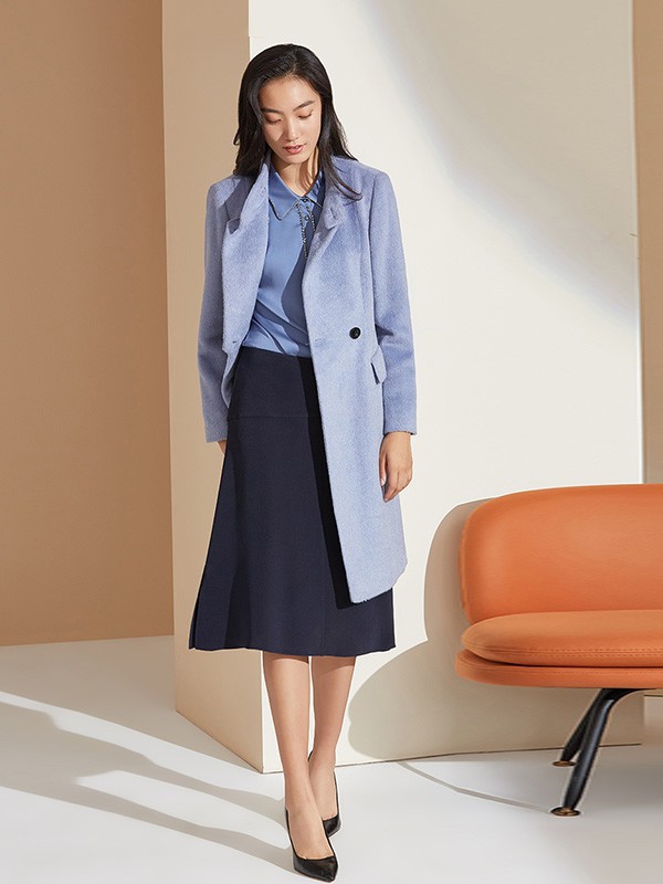 福芬女装2022秋冬季蓝色大衣