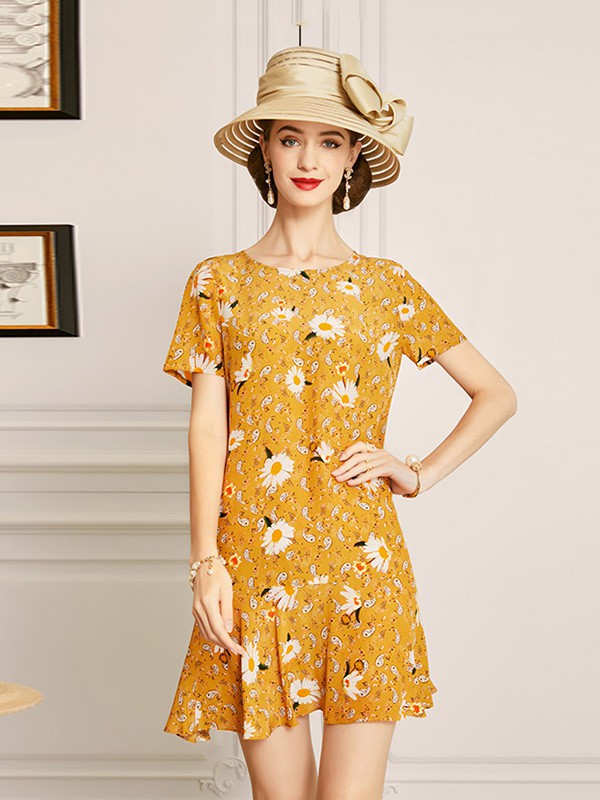 欧黎蔓女装2023春夏季黄色连衣裙