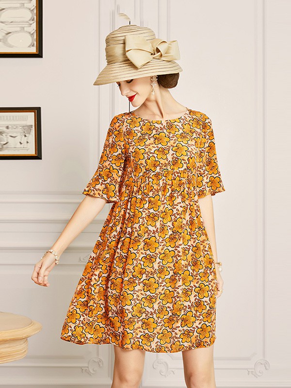 欧黎蔓女装2023春夏季黄色连衣裙