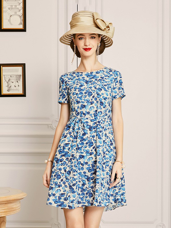 欧黎蔓女装2023春夏季蓝色连衣裙