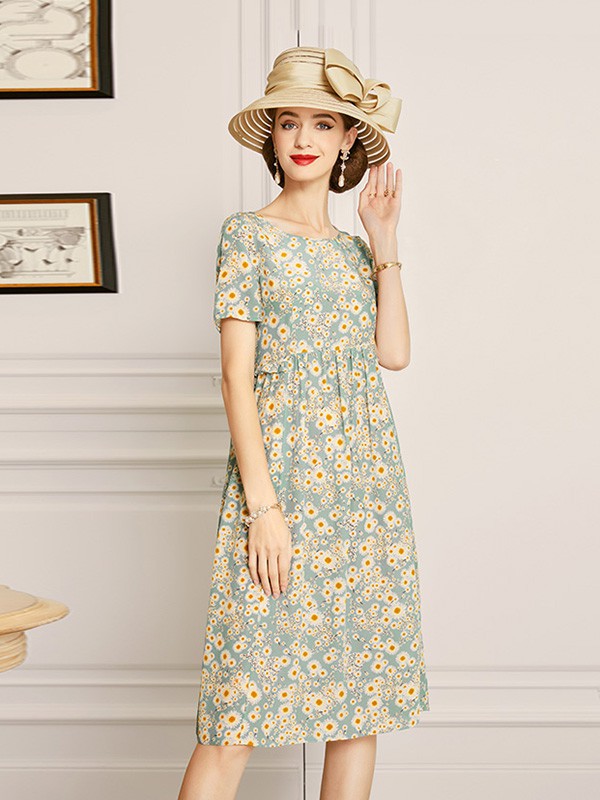 欧黎蔓女装2023春夏季绿色连衣裙