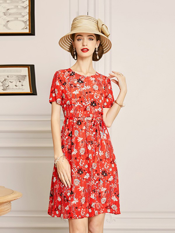 欧黎蔓女装2023春夏季红色连衣裙