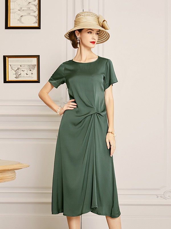 欧黎蔓女装2023春夏季墨绿色连衣裙