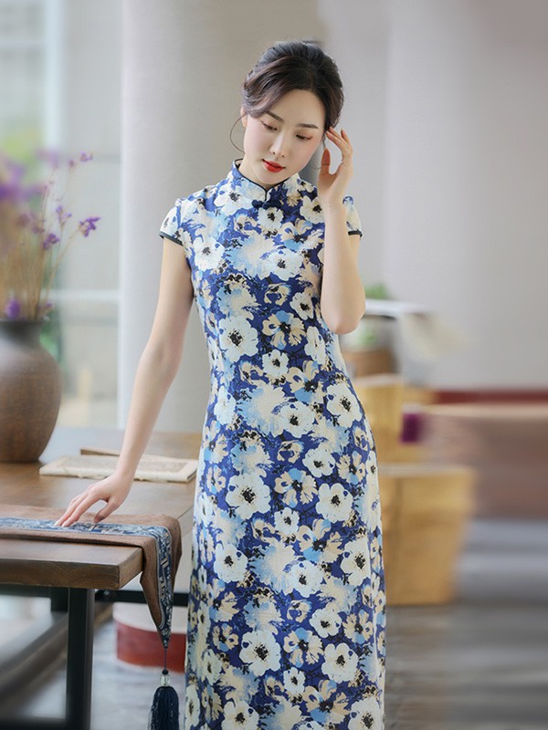 雀之恋2023春夏季藏蓝色旗袍