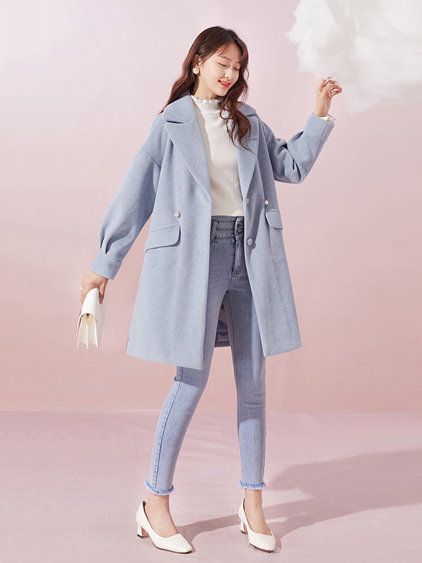 衣纱布菲女装2022秋冬季蓝色大衣