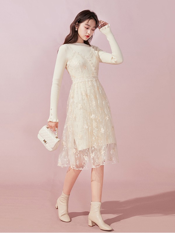 衣纱布菲女装2022秋冬季白色连衣裙