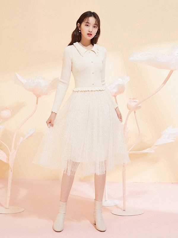 衣纱布菲女装2022秋冬季白色连衣裙