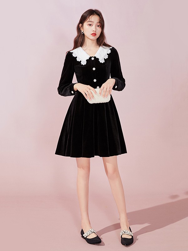 衣纱布菲女装2022秋冬季黑色连衣裙