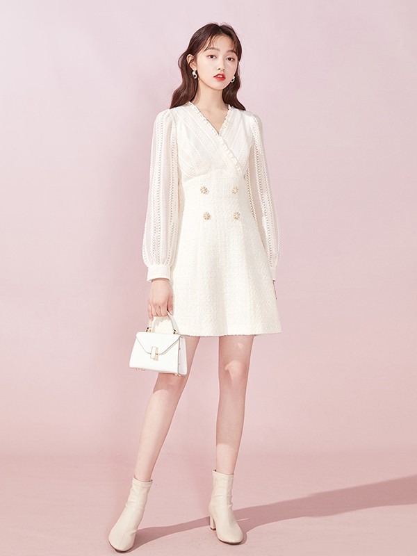 衣纱布菲女装2022秋冬季白色连衣裙