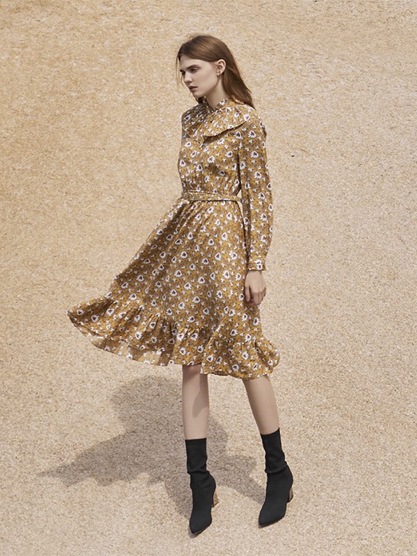 颜若妃2022秋冬季黄色衬衫裙