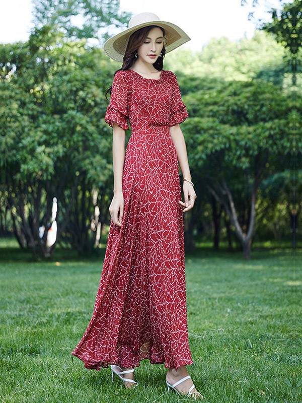 园子靓衣女装2023春夏季红色连衣裙