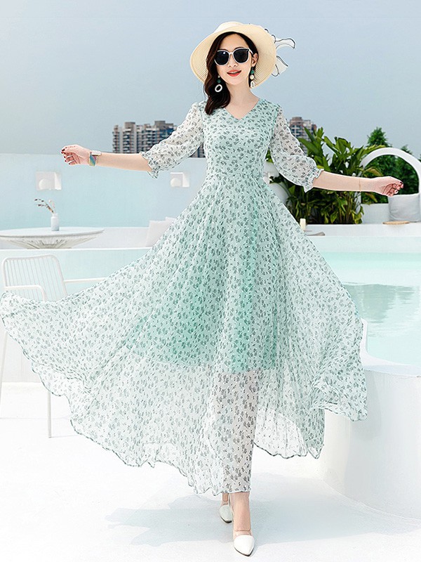 园子靓衣女装2023春夏季绿色连衣裙