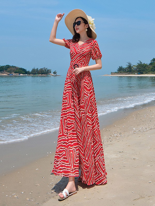 园子靓衣女装2023春夏季红色连衣裙