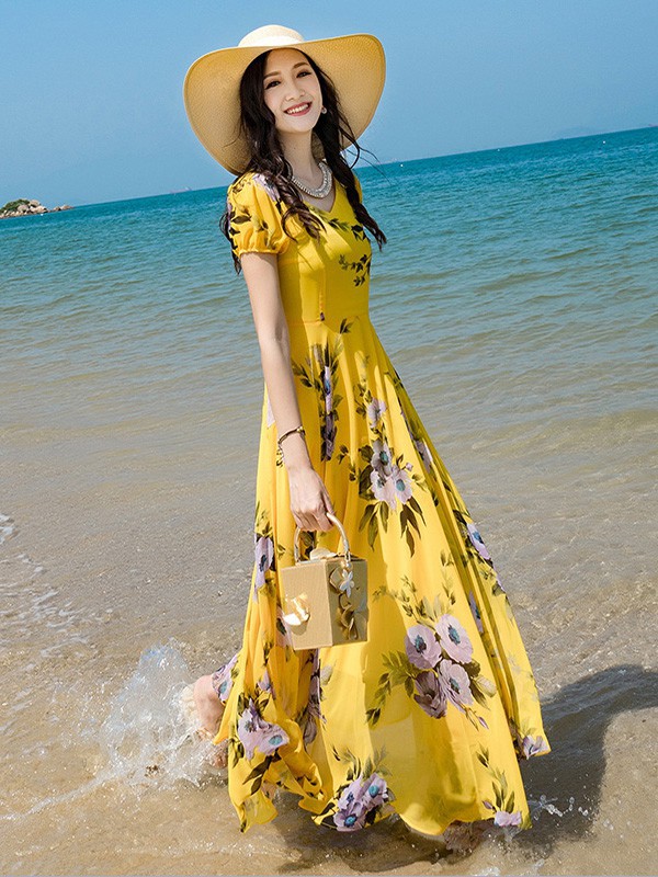 园子靓衣女装2023春夏季黄色连衣裙