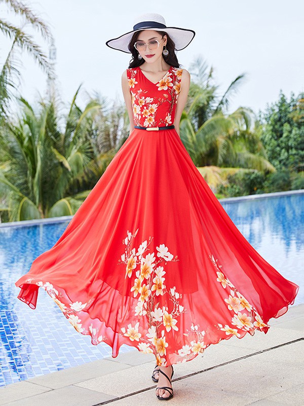 园子靓衣女装2023春夏季红色连衣裙