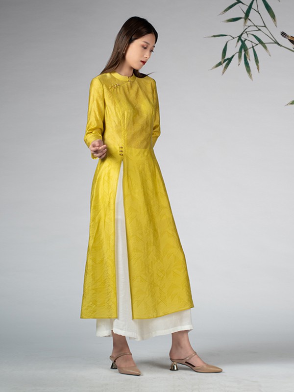 馥蝶女装2023春夏季黄色连衣裙