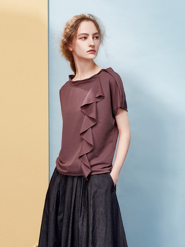 荷雅婷女装2023春夏季咖啡色T恤