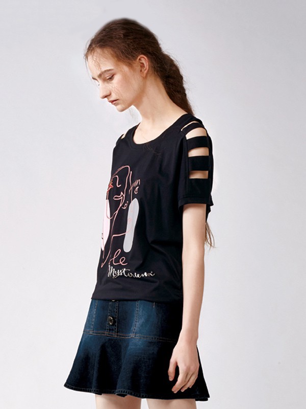 荷雅婷女装2023春夏季黑色T恤