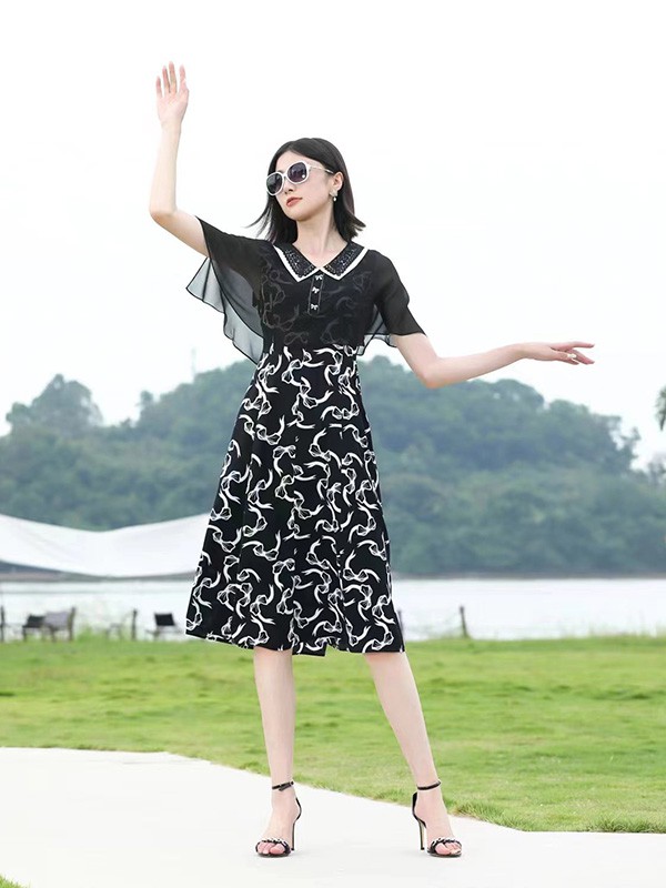 若岚菲女装2023春夏季黑色连衣裙