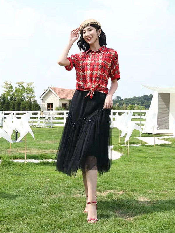 若岚菲女装2023春夏季红色衬衫