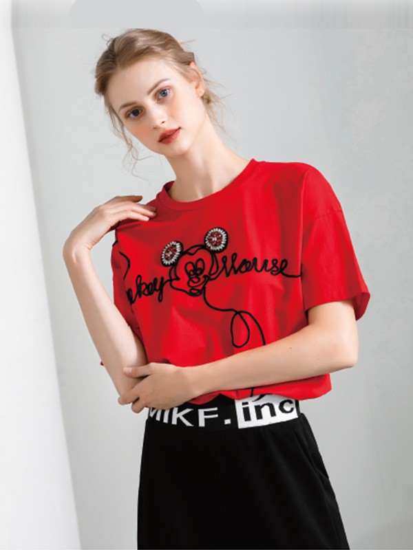 裳滋女装2023春夏季红色T恤