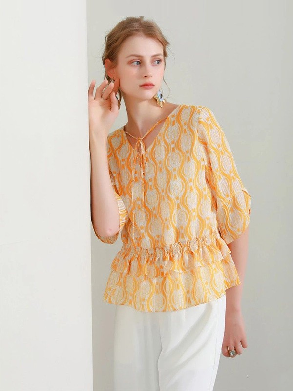 裳滋女装2023春夏季橙色雪纺衫