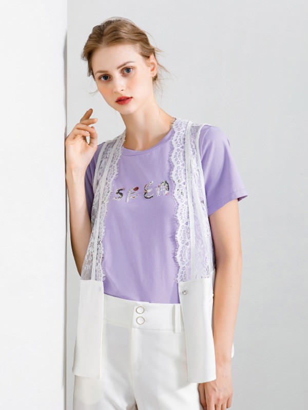 裳滋女装2023春夏季紫色T恤