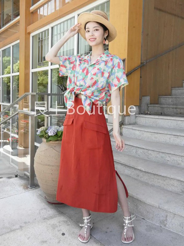 艮上女装2023春夏季红色半身裙