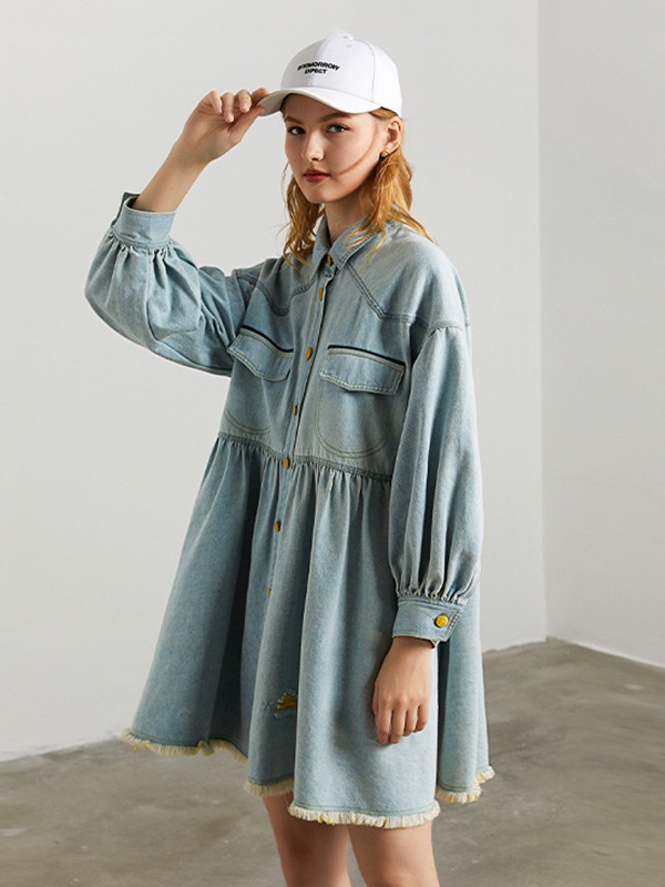 DFVC女装2023春夏季蓝色连衣裙